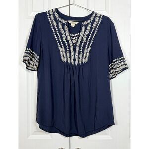 Bob Timberlake Navy Blue Embroidered Boho Split Neck Rayon Blouse Womens Large
